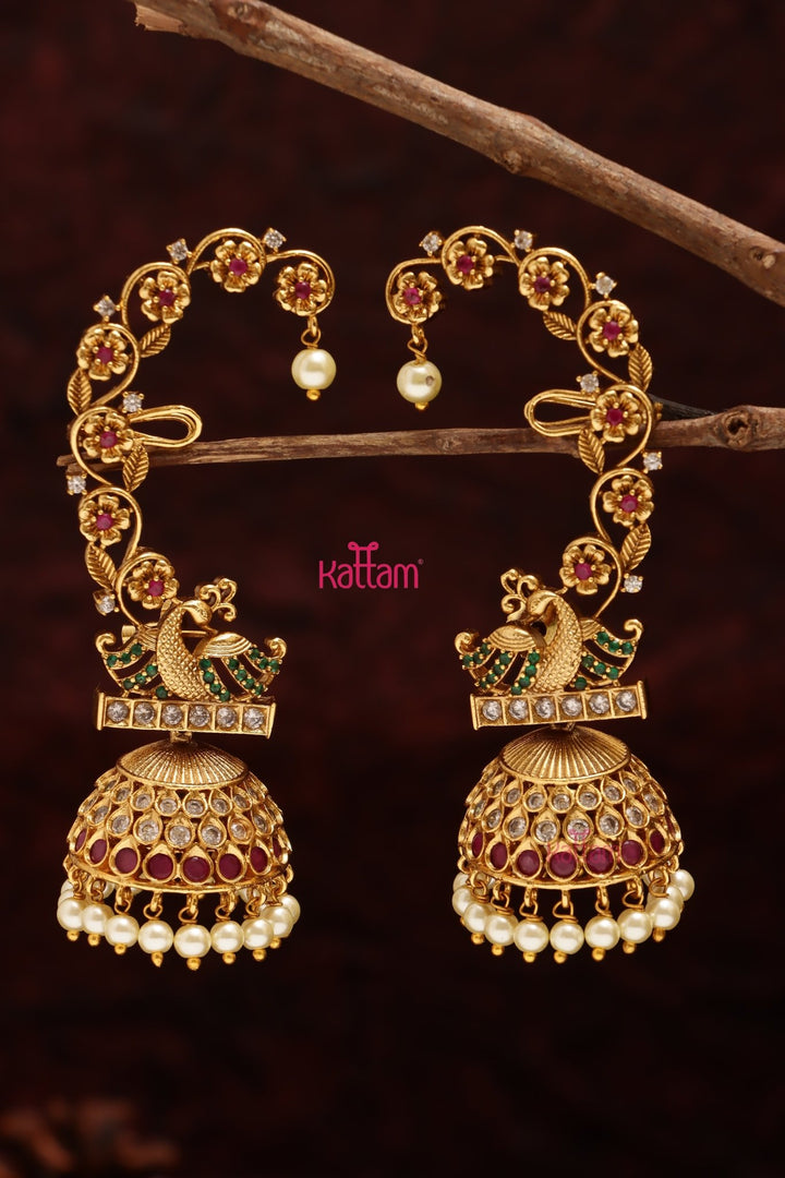 Peacock Floral Earcuff Pearl Jhumka - E1101
