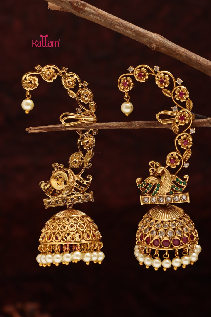 Peacock Floral Earcuff Pearl Jhumka - E1101