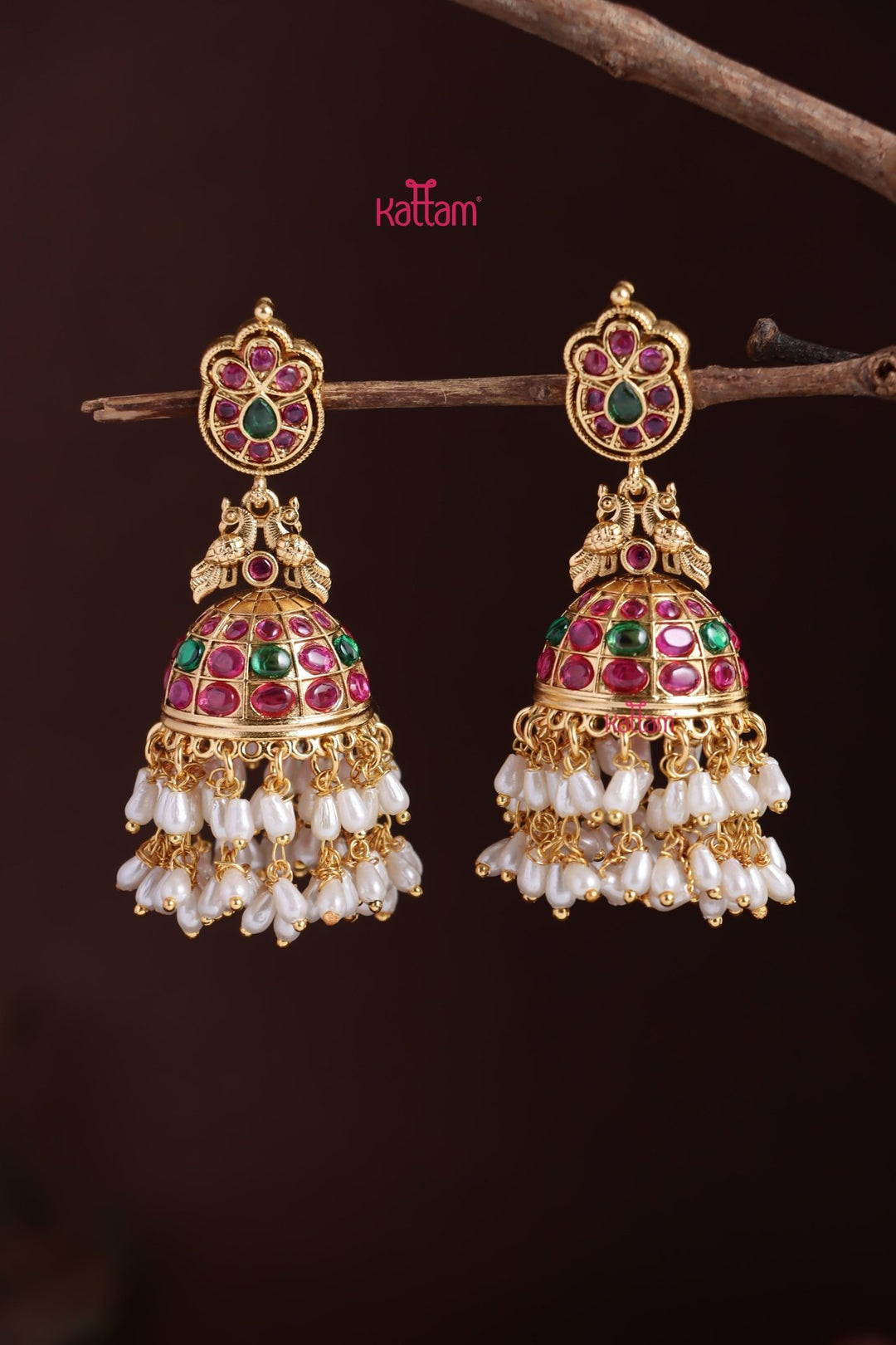 Peacock Kemp Rice Pearl Jhumka - E1223