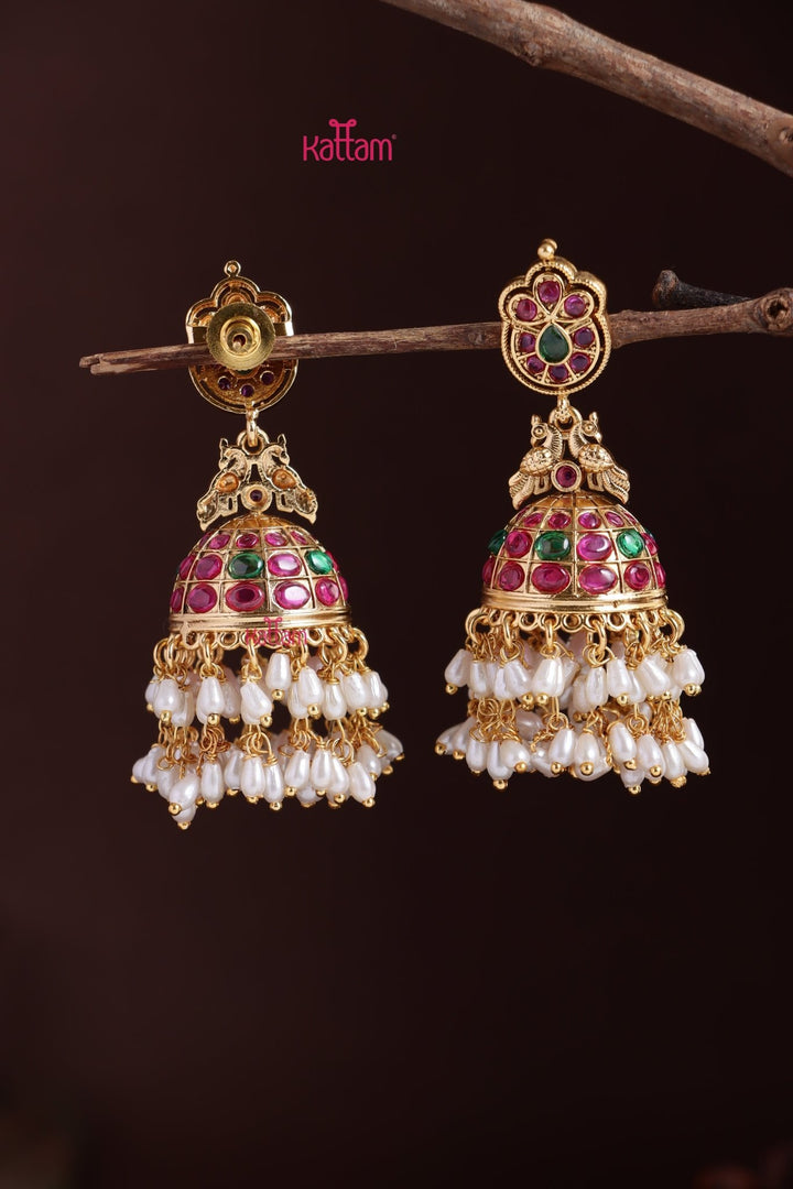 Peacock Kemp Rice Pearl Jhumka - E1223