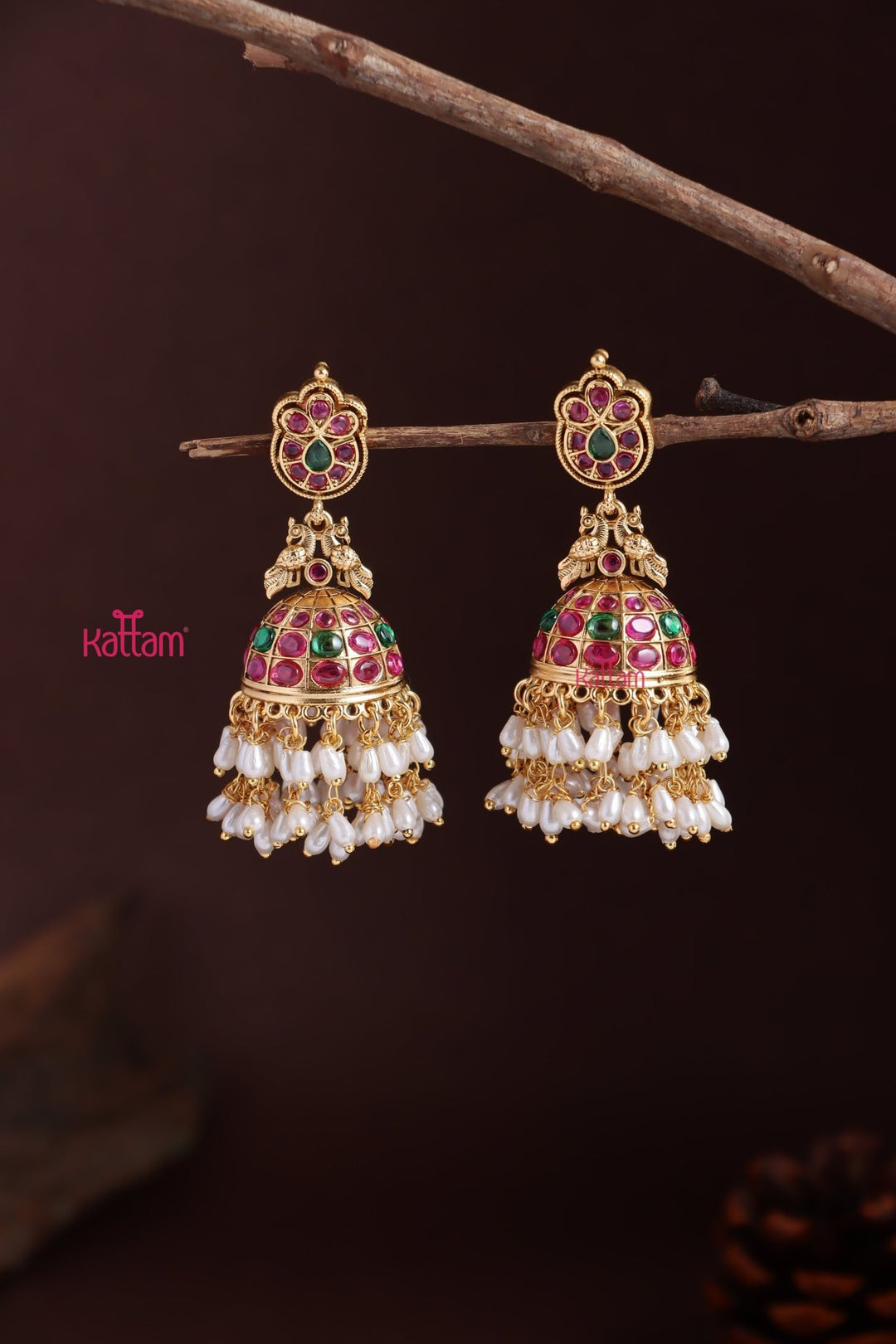 Peacock Kemp Rice Pearl Jhumka - E1223