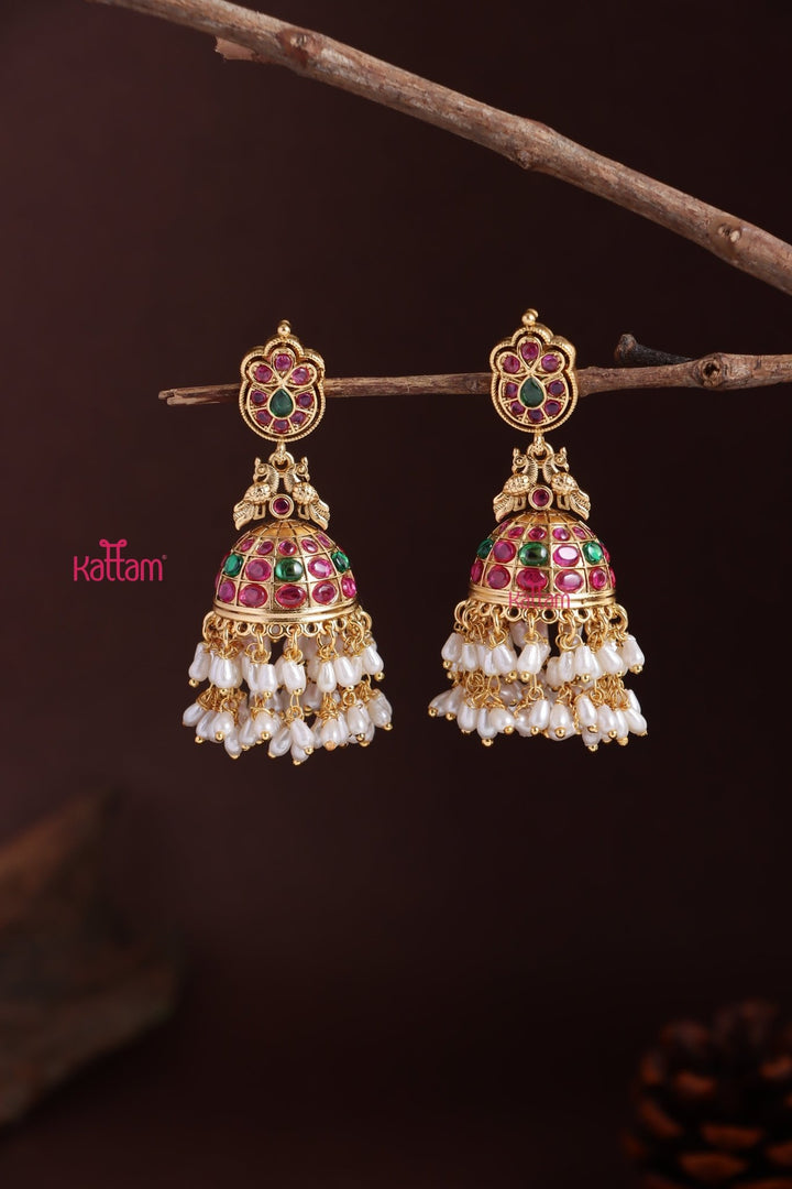 Peacock Kemp Rice Pearl Jhumka - E1223