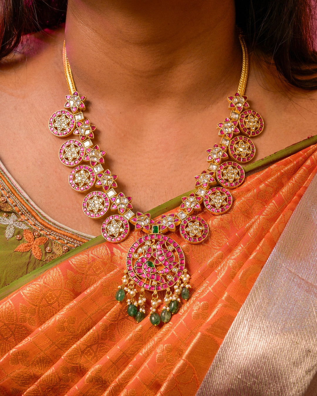 Peacock Kundan Drop Bead Necklace ( No Earring ) - N4161