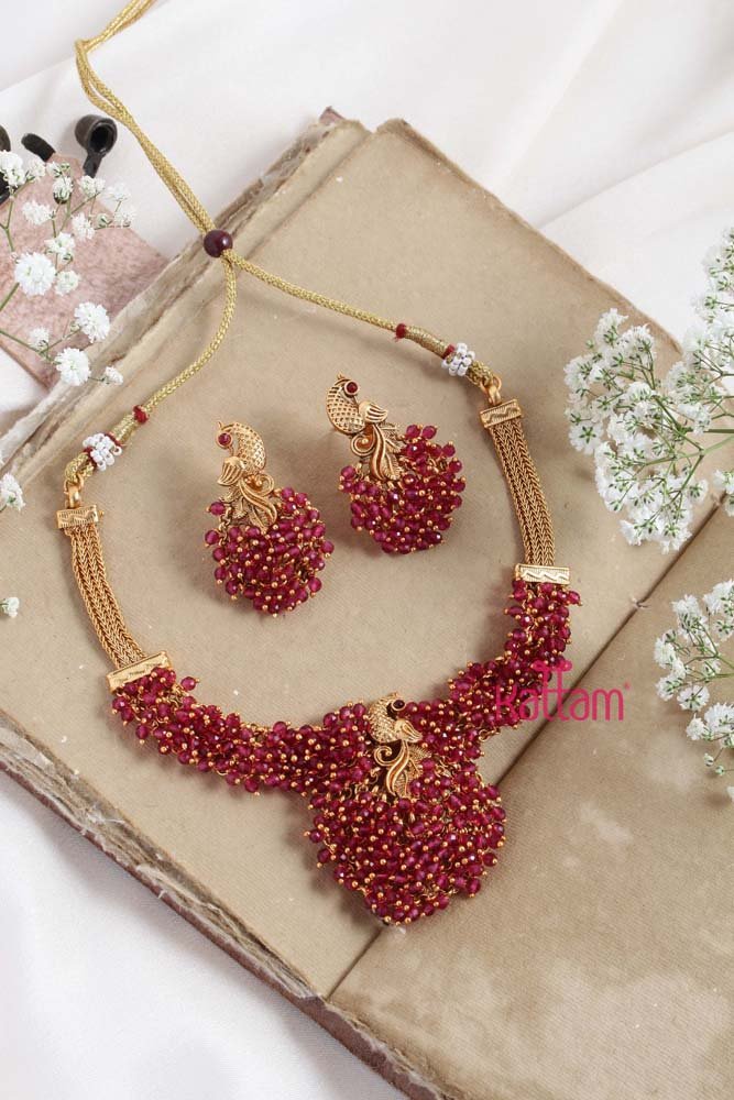 Peacock Pink Beaded Choker - N2277