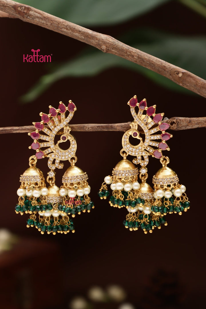 Peacock Triple Beads Jhumka - E1403
