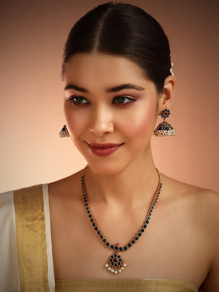Poorna - Blue Kemp Stone Attigai Necklace Set - N2861