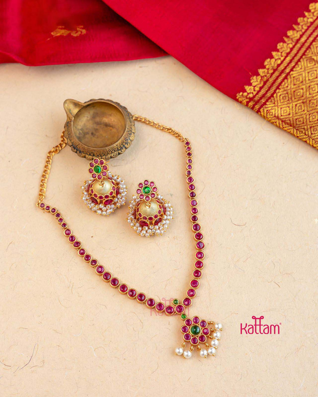 Poorna - Rubygreen Kemp Stone Attigai Necklace Set - N2859