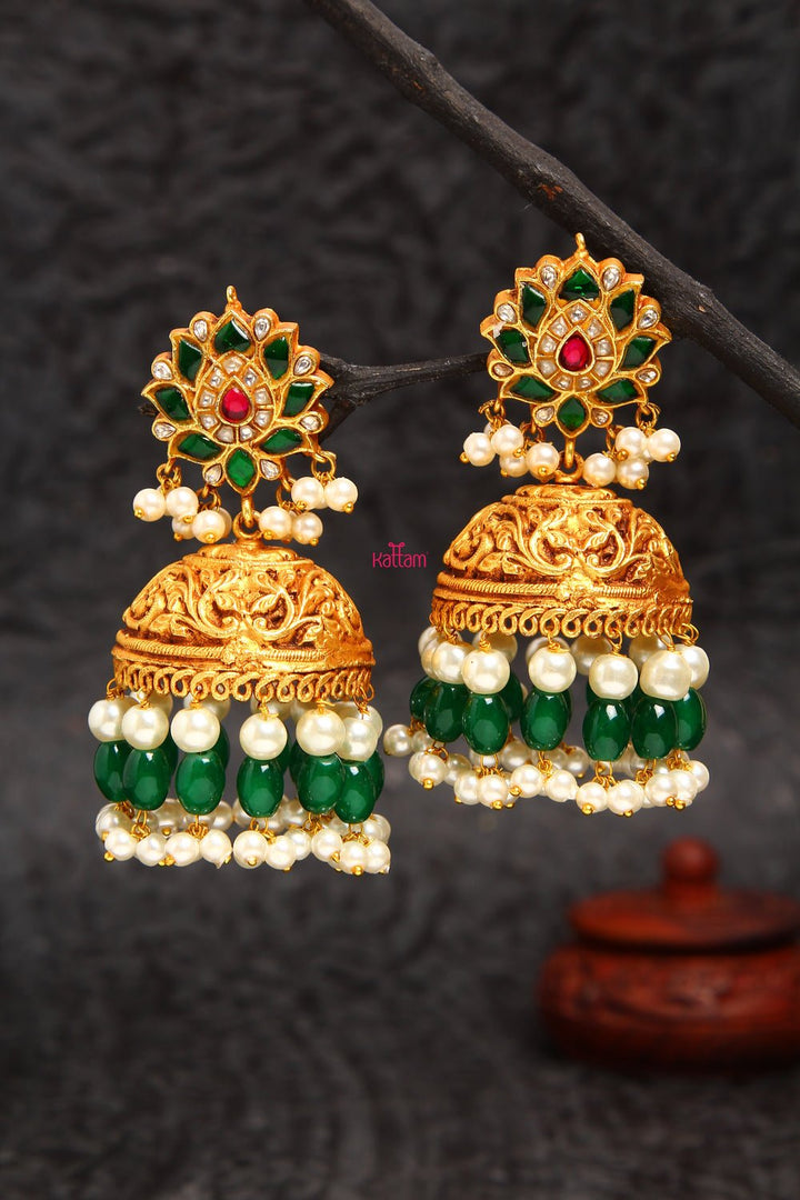 Precious Kundan Jadau Green Lotus Jhumka - E020