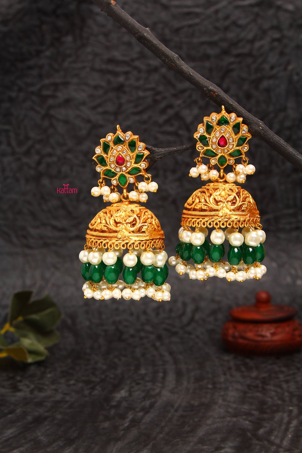 Precious Kundan Jadau Green Lotus Jhumka - E020