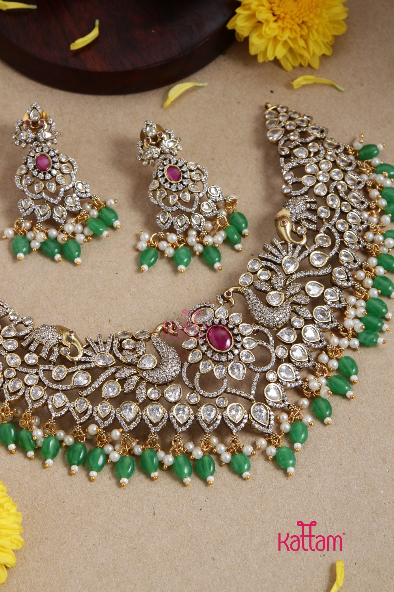 Premium Victorian Peacock Green Bridal Choker - Kattam