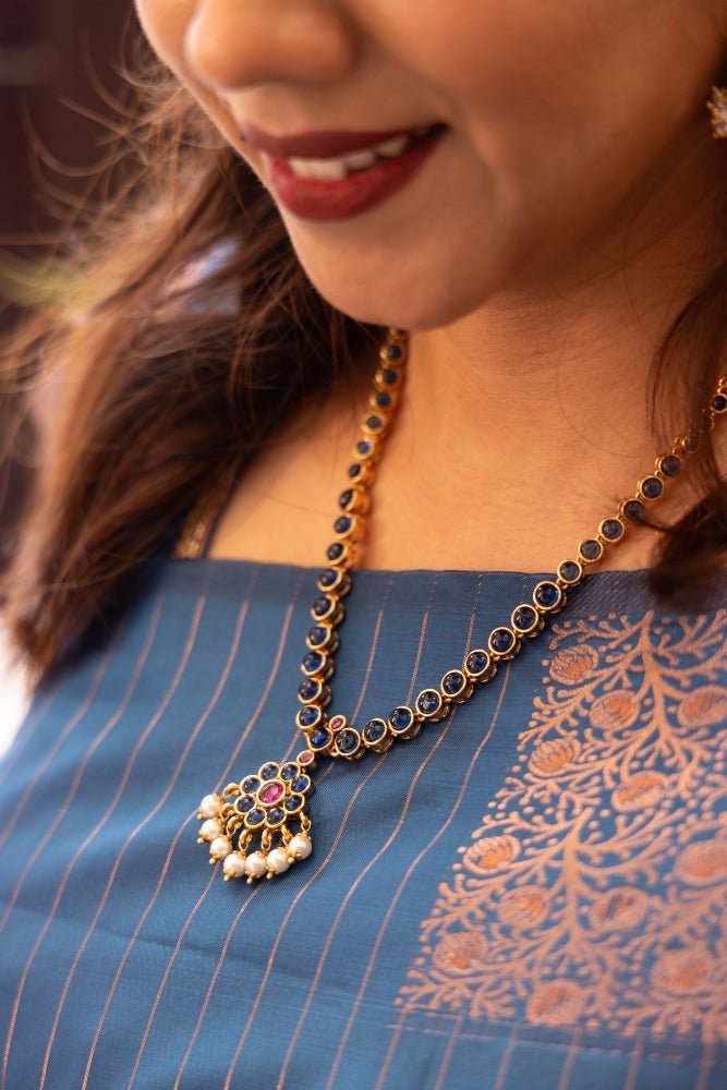 PREORDER - WAITING TIME 20 WORKING DAYS - Poorna - Blue Kemp Stone Attigai Necklace Set - N2861