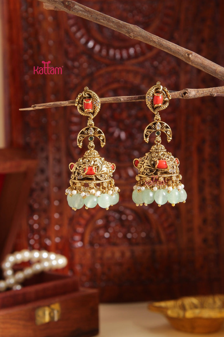 Rakshana - Peacock Coral PasGreen Jhumka - E989