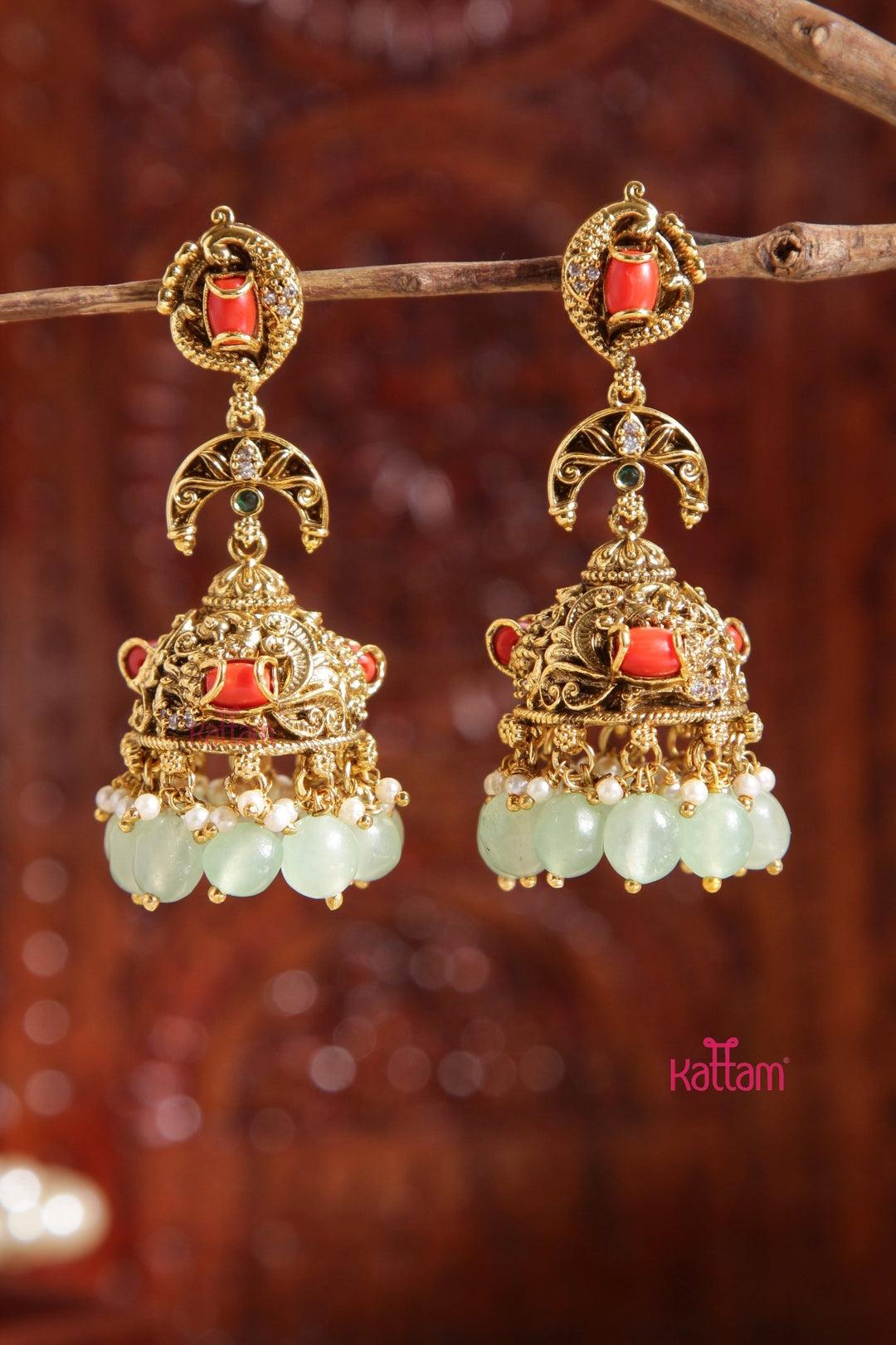 Rakshana - Peacock Coral PasGreen Jhumka - E989