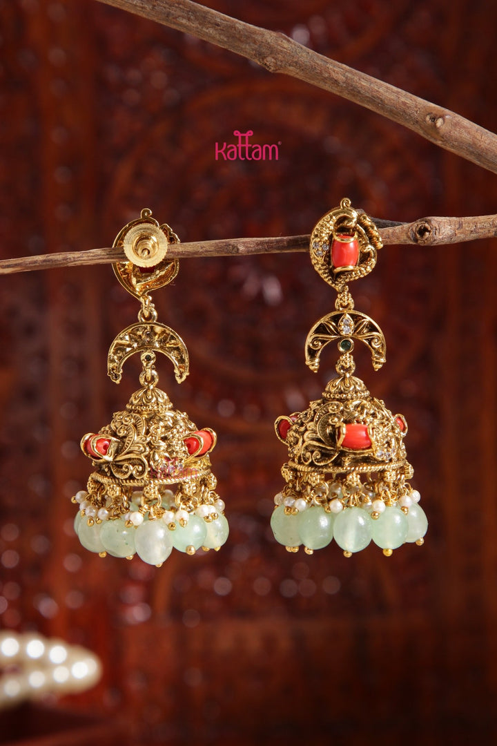 Rakshana - Peacock Coral PasGreen Jhumka - E989