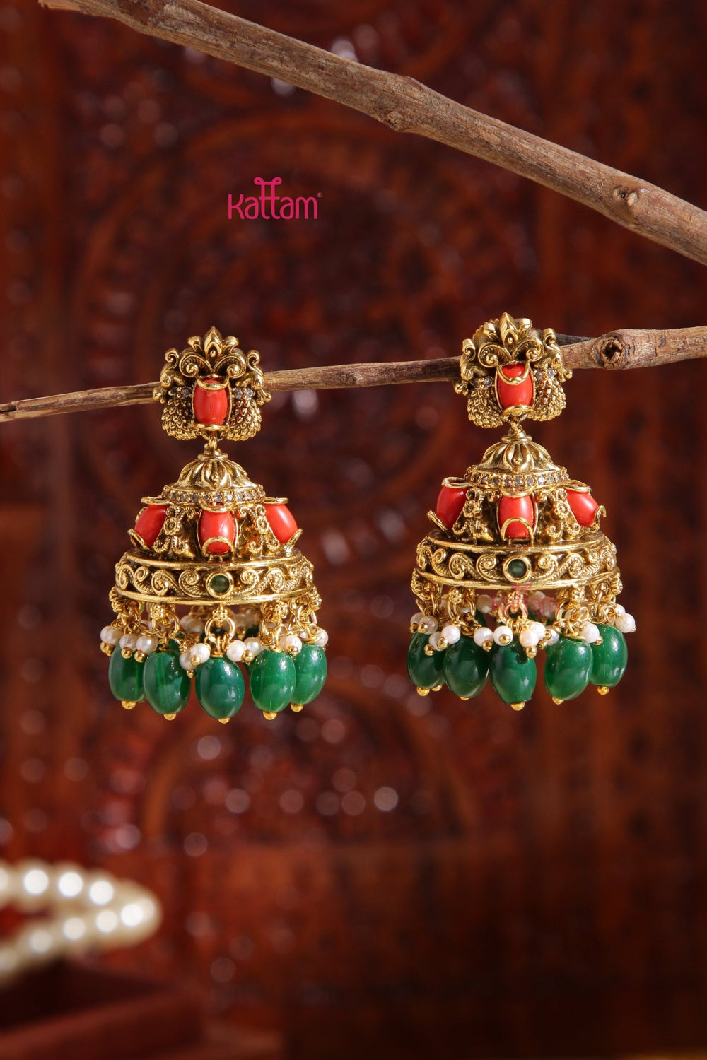 Ranjana - Antiquegold Coral Green Jhumka - E984