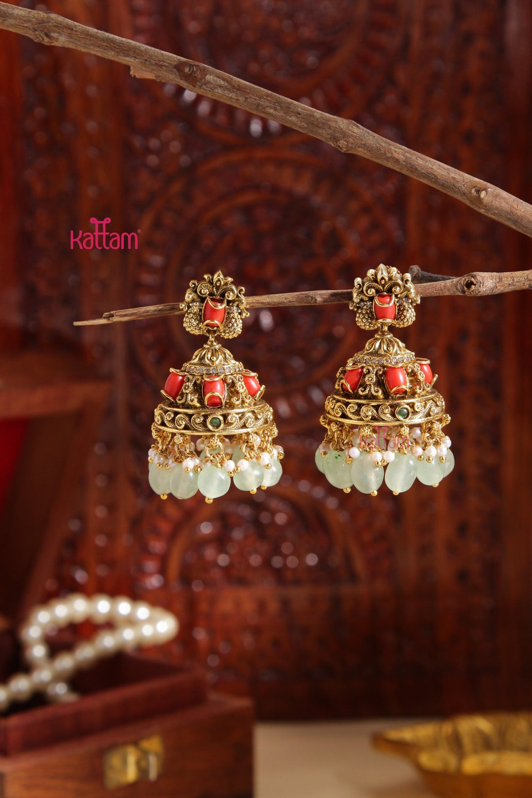 Ranjana - Antiquegold Coral Pastelgreen Jhumka - E982