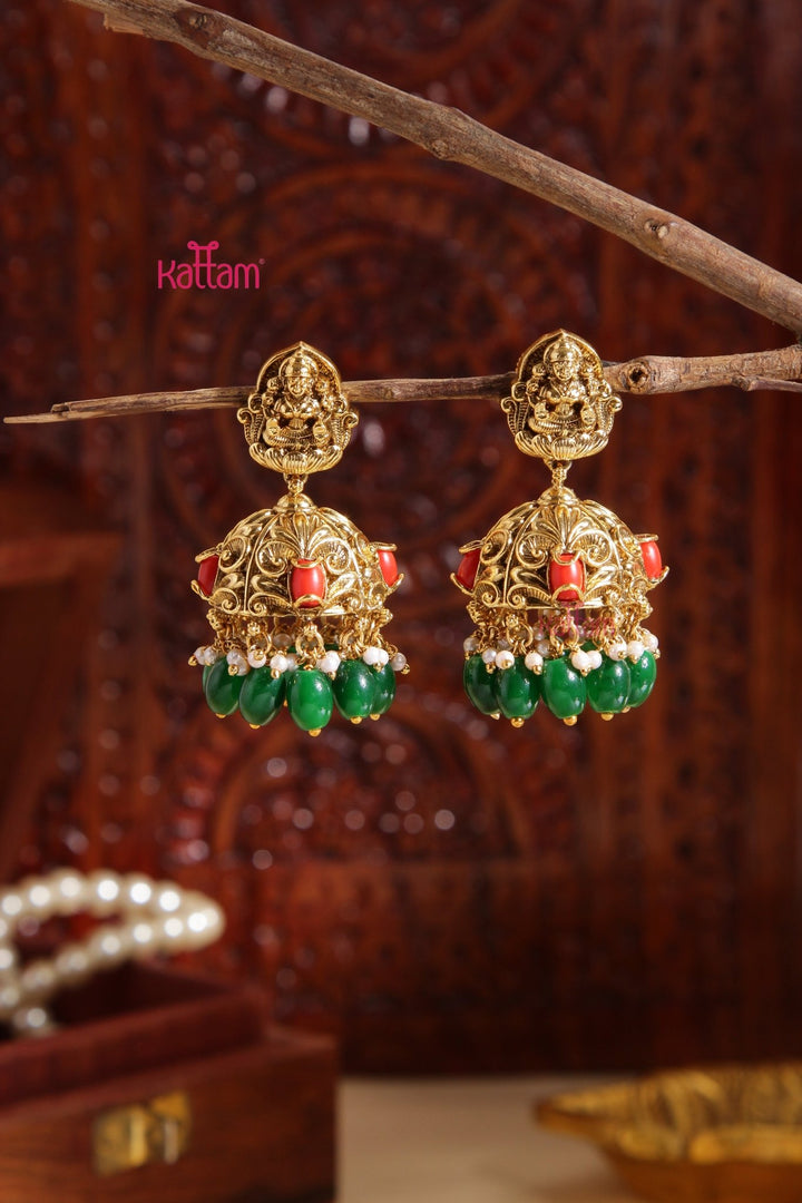 Ranjitha - Antique lakshmi Coral Green Jhumka - E985