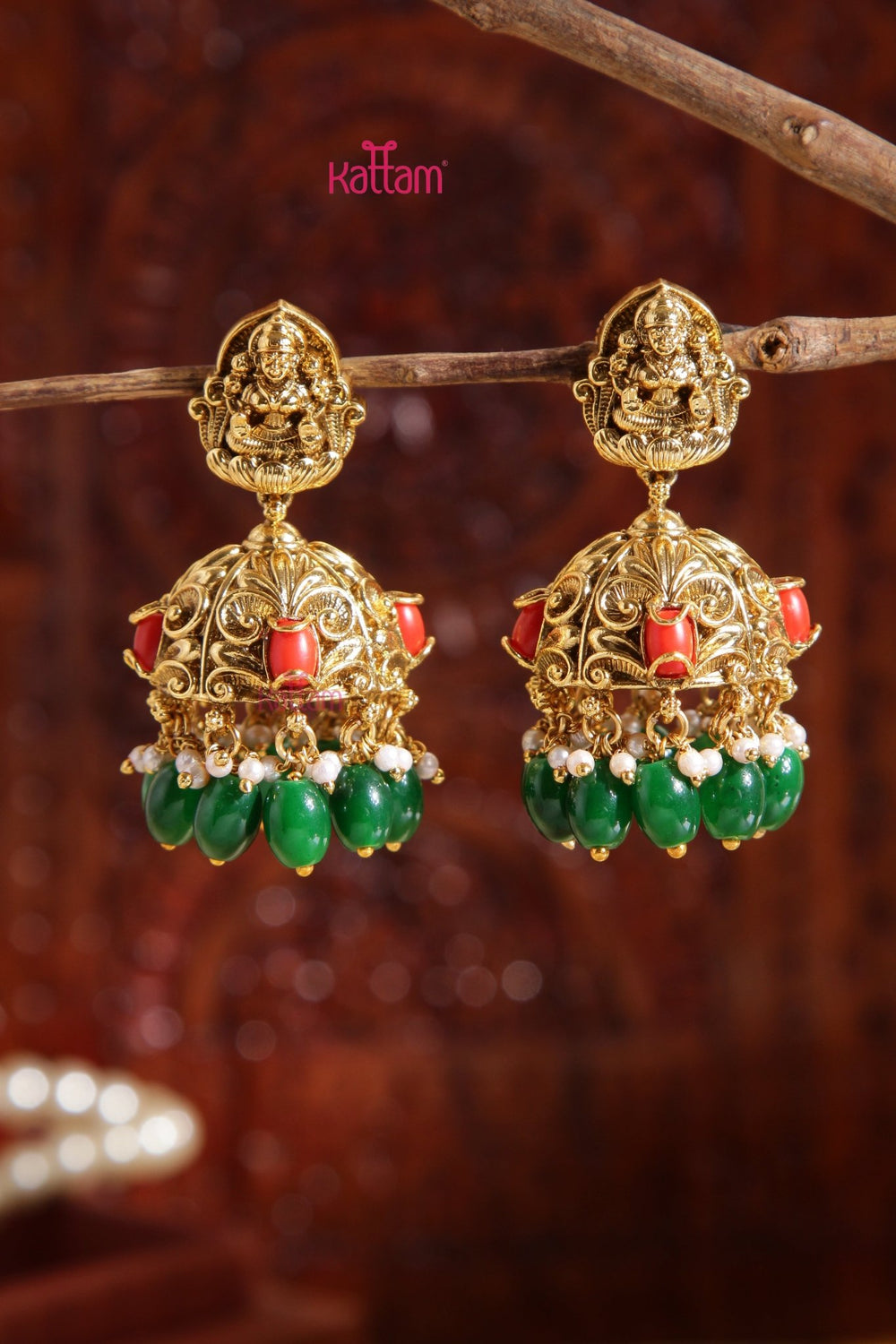 Ranjitha - Antique lakshmi Coral Green Jhumka - E985