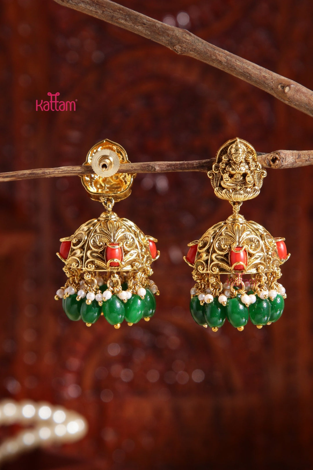 Ranjitha - Antique lakshmi Coral Green Jhumka - E985