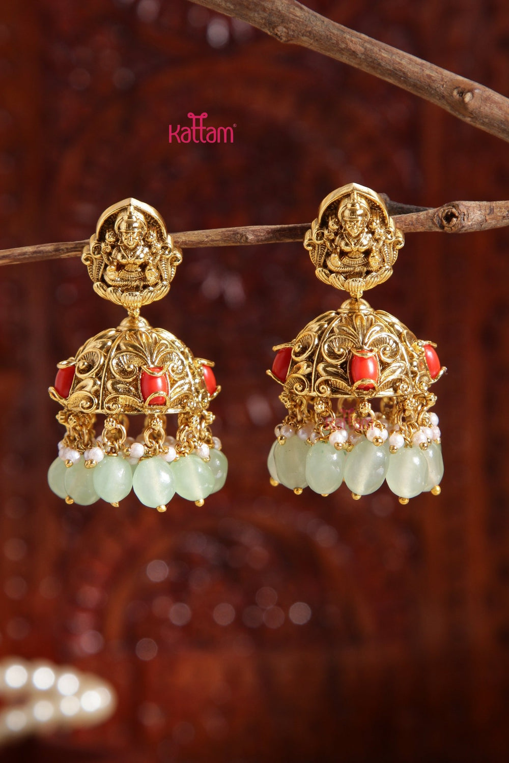 Ranjitha - Antique lakshmi Coral Pastelgreen Jhumka - E986