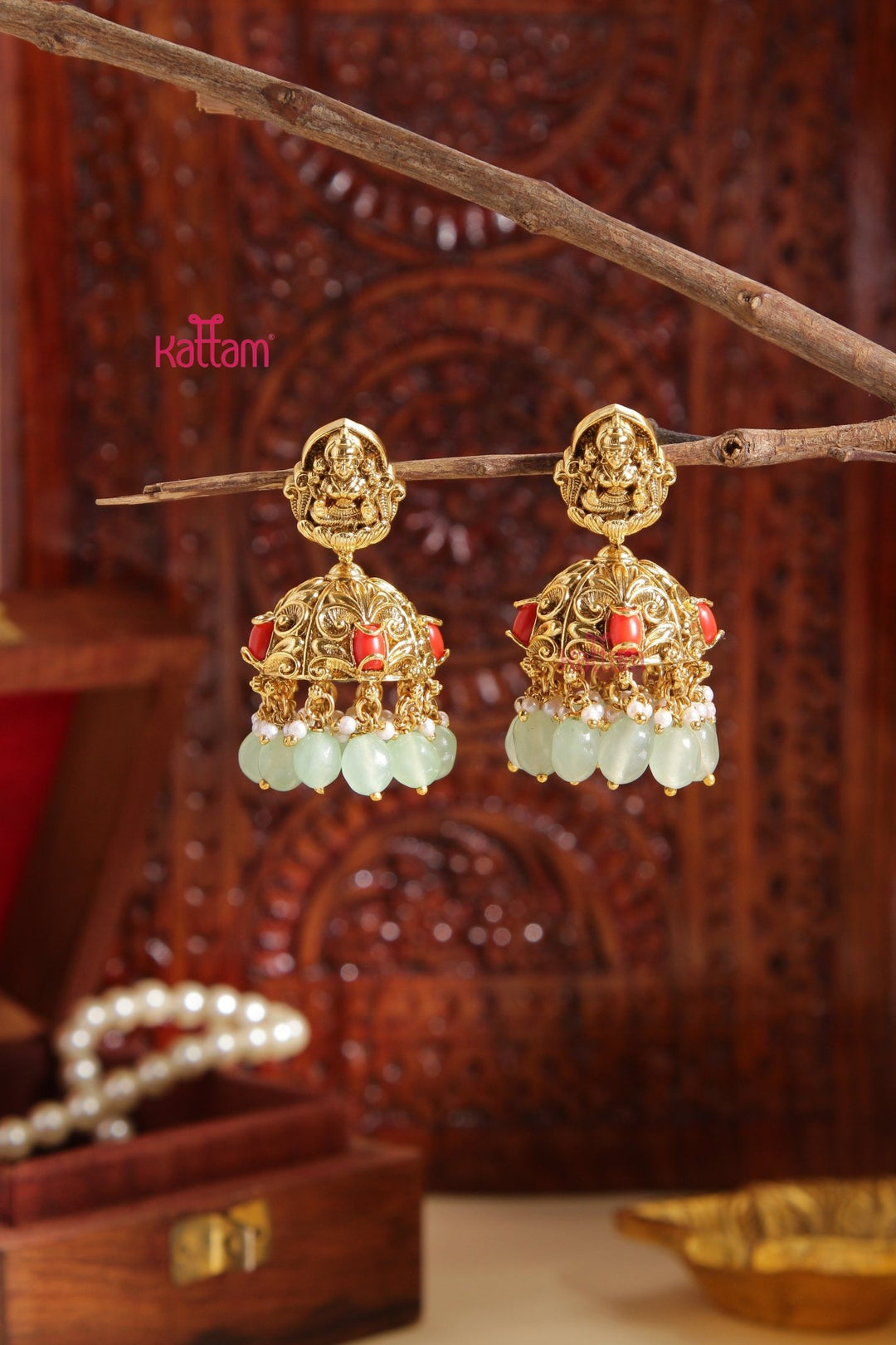 Ranjitha - Antique lakshmi Coral Pastelgreen Jhumka - E986