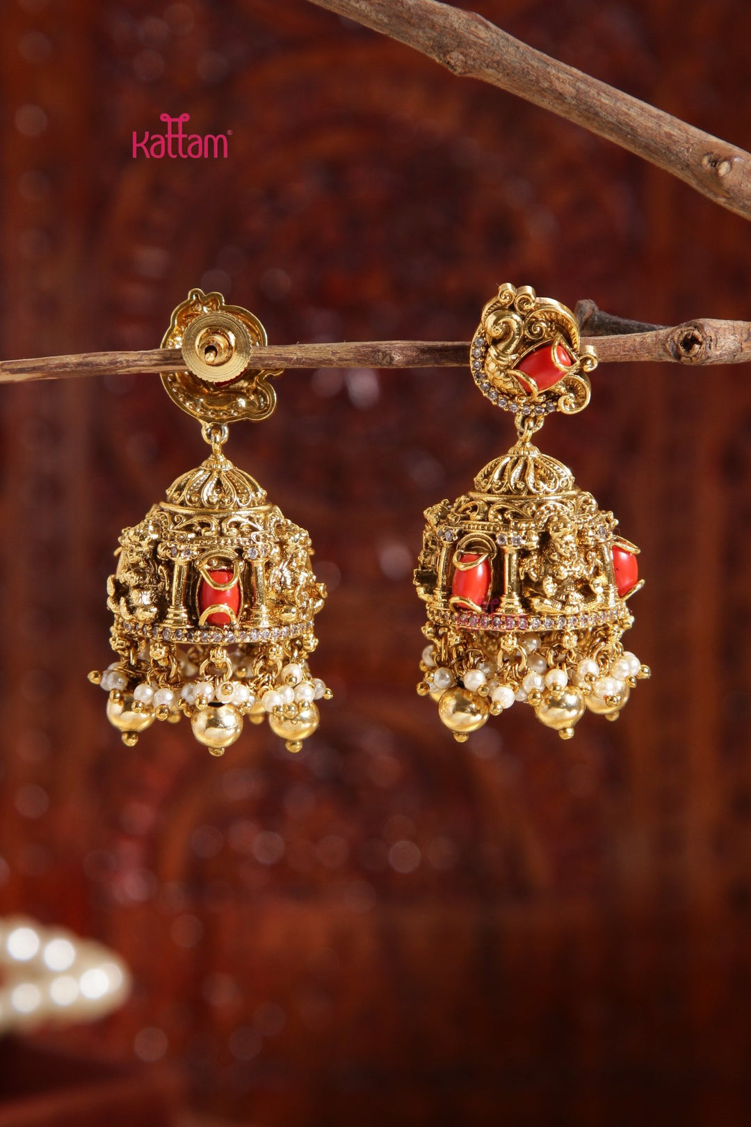 Ranvi - Peacock Coral Goldball Jhumka - E992