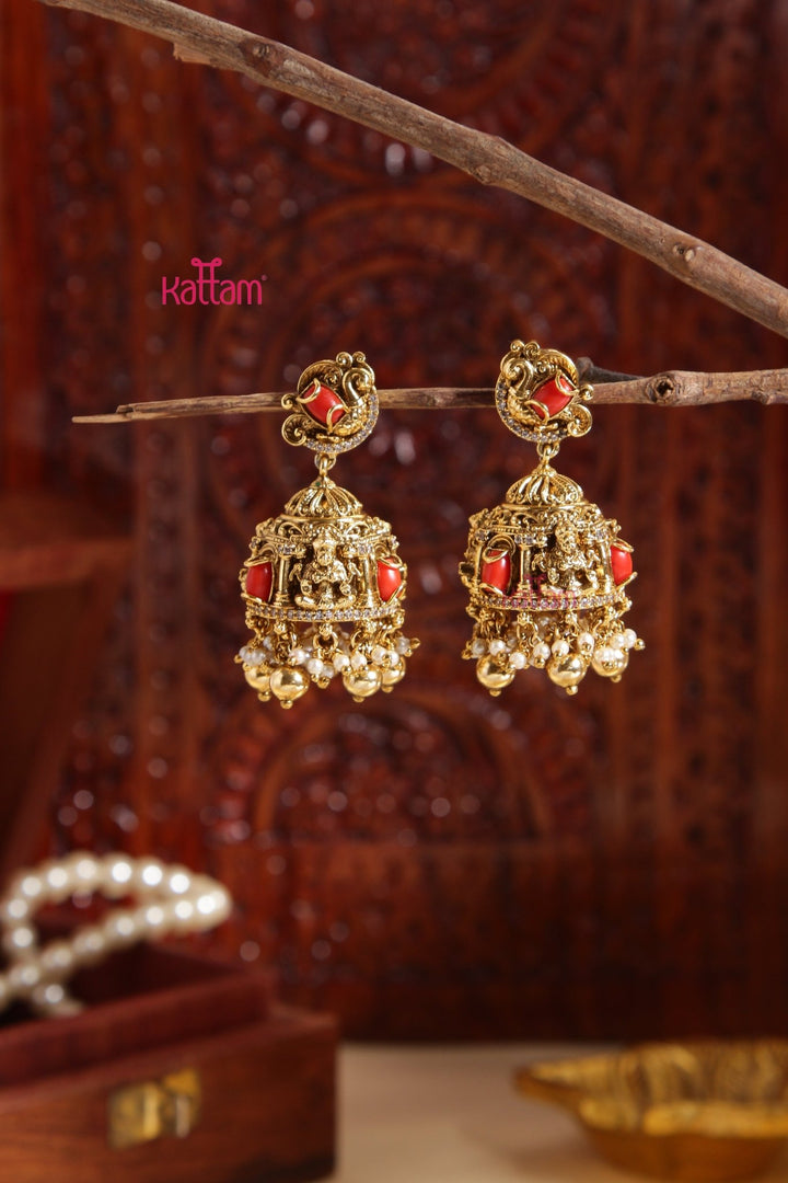 Ranvi - Peacock Coral Goldball Jhumka - E992