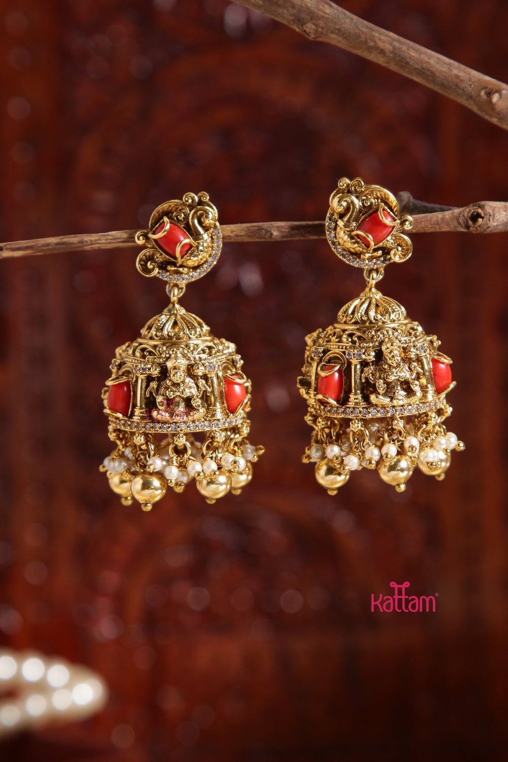 Ranvi - Peacock Coral Goldball Jhumka - E992