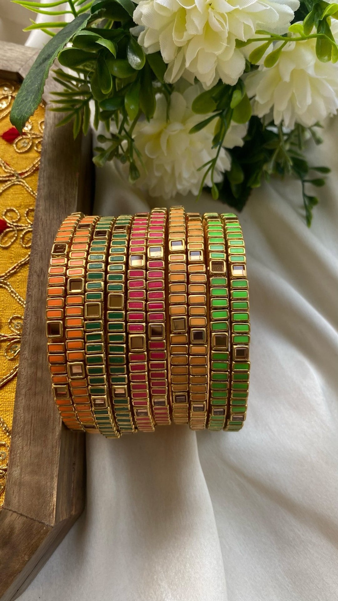 Rectangle Handmade Kundan Bangles (5 colours Set) - KB068 - V4