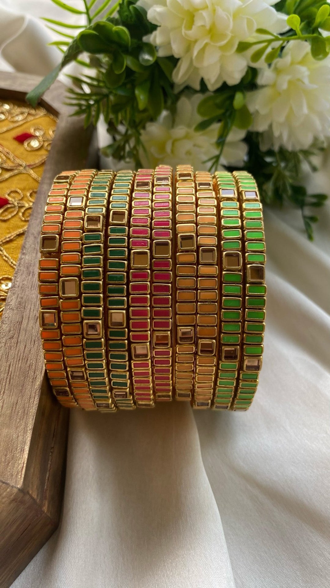 Rectangle Handmade Kundan Bangles (5 colours Set) - KB068 - V4