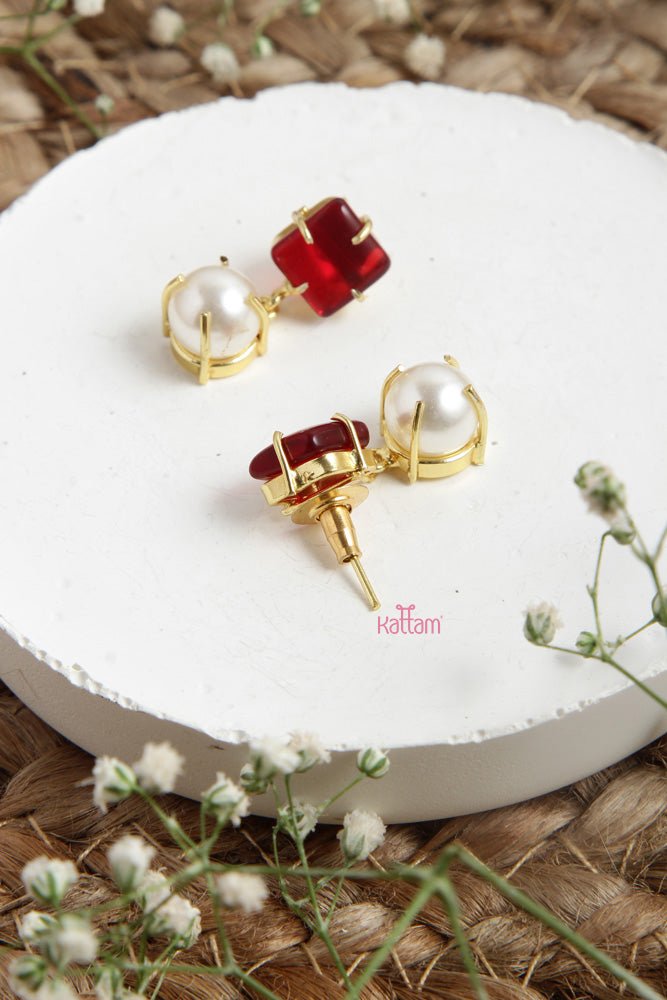 Red Onyx Stone Pearl Earring - E744