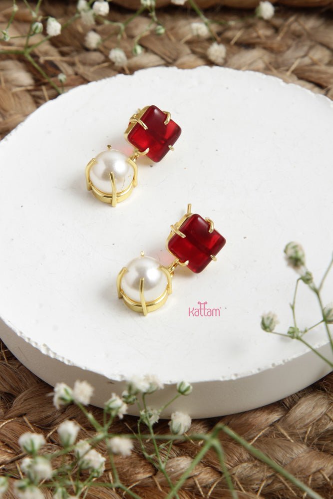 Red Onyx Stone Pearl Earring - E744