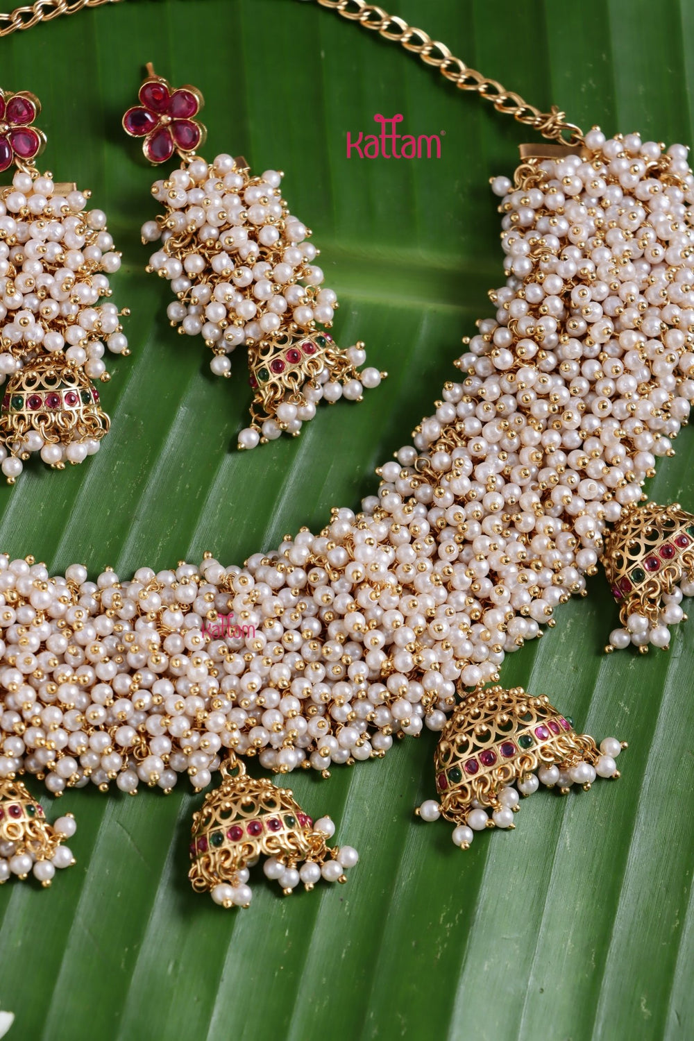 Revathi - Clustered Pearl Jhumka Drop Choker - N3764