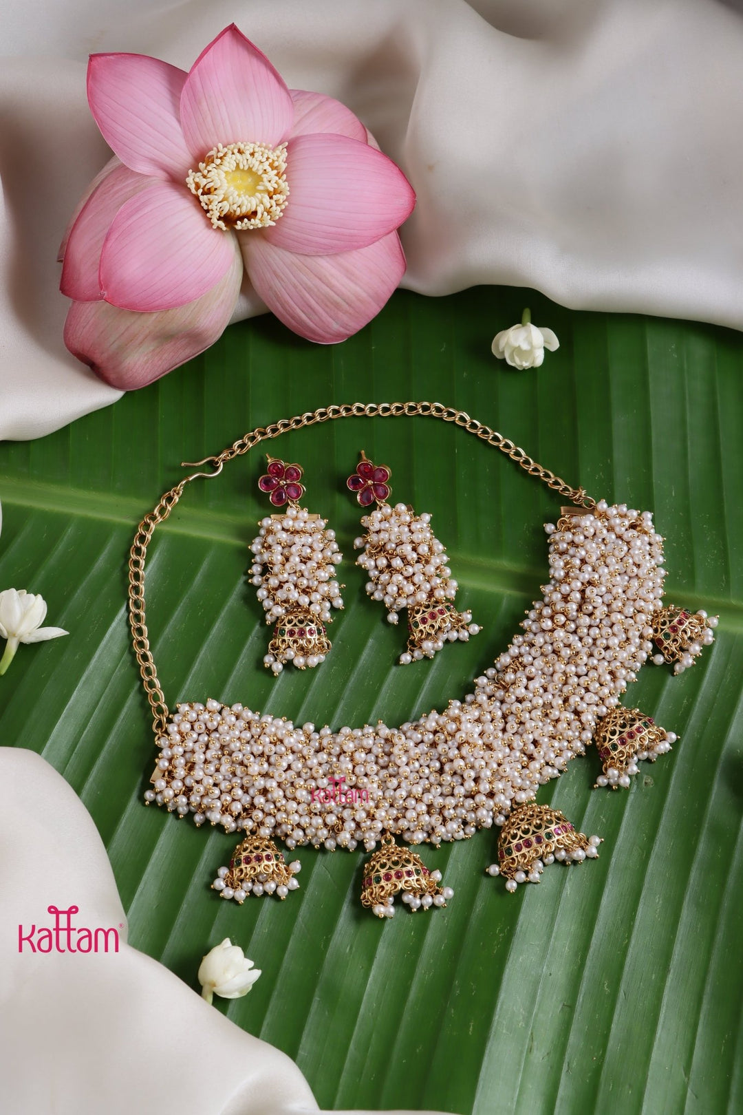 Revathi - Clustered Pearl Jhumka Drop Choker - N3764