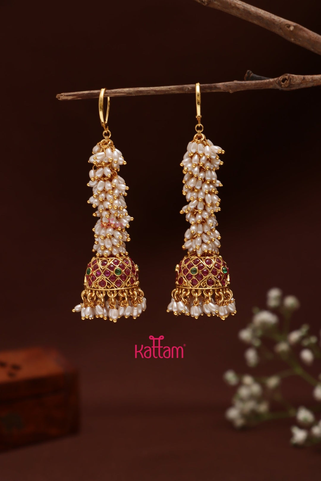Rice Pearl Hook Jhumka - Design 3 - E1077