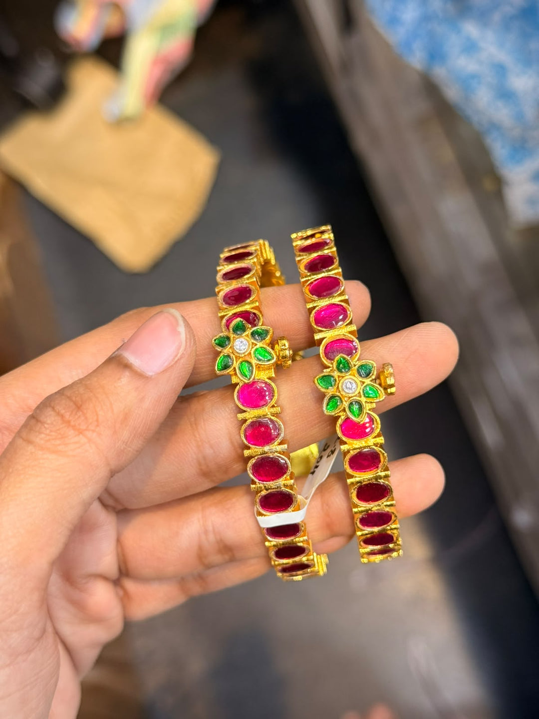Ruby Flower Oval Kundan Bangle - B643-V4