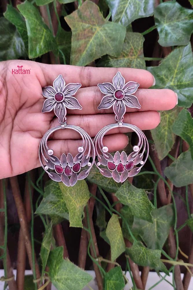 Ruby Flower Oxidised Earring - E700