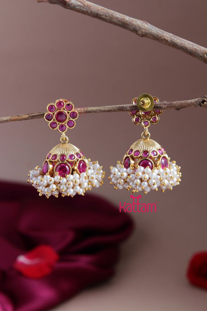 Ruby Flower Pearl Bunch Jhmka - E823