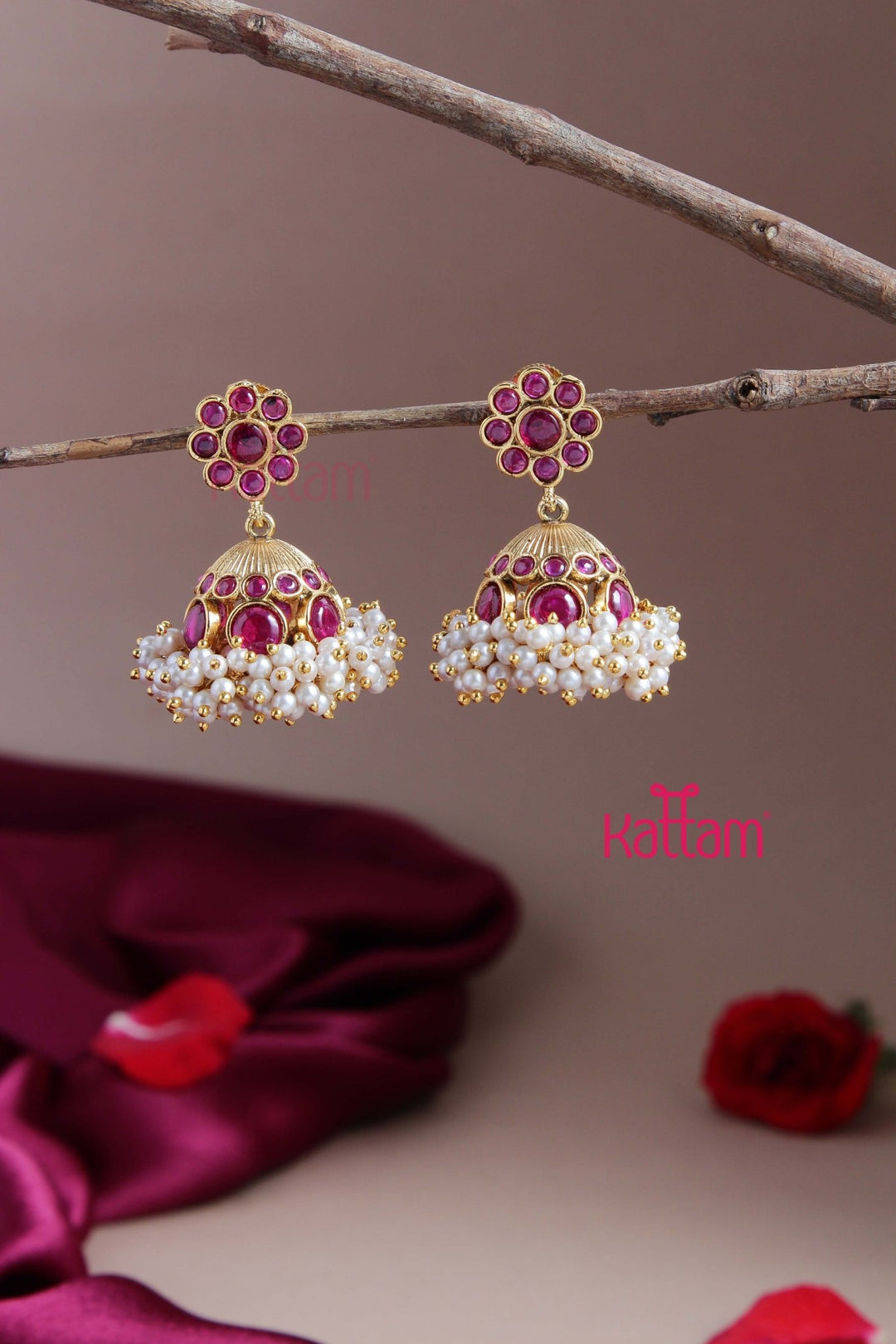 Ruby Flower Pearl Bunch Jhmka - E823