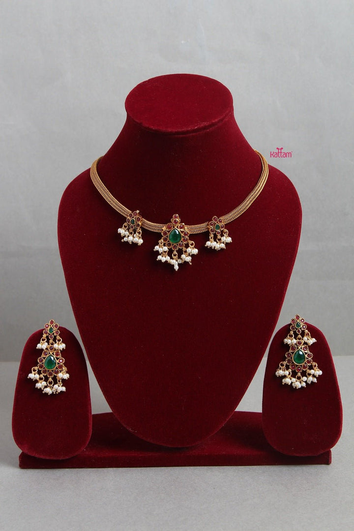 Ruby Green Pearl Gold Plated Choker Set - N1175