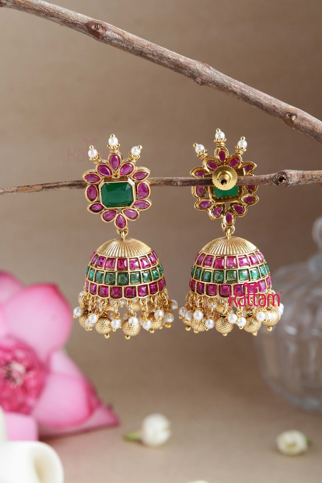 Ruby Green Stone Grand Jhumka - E794