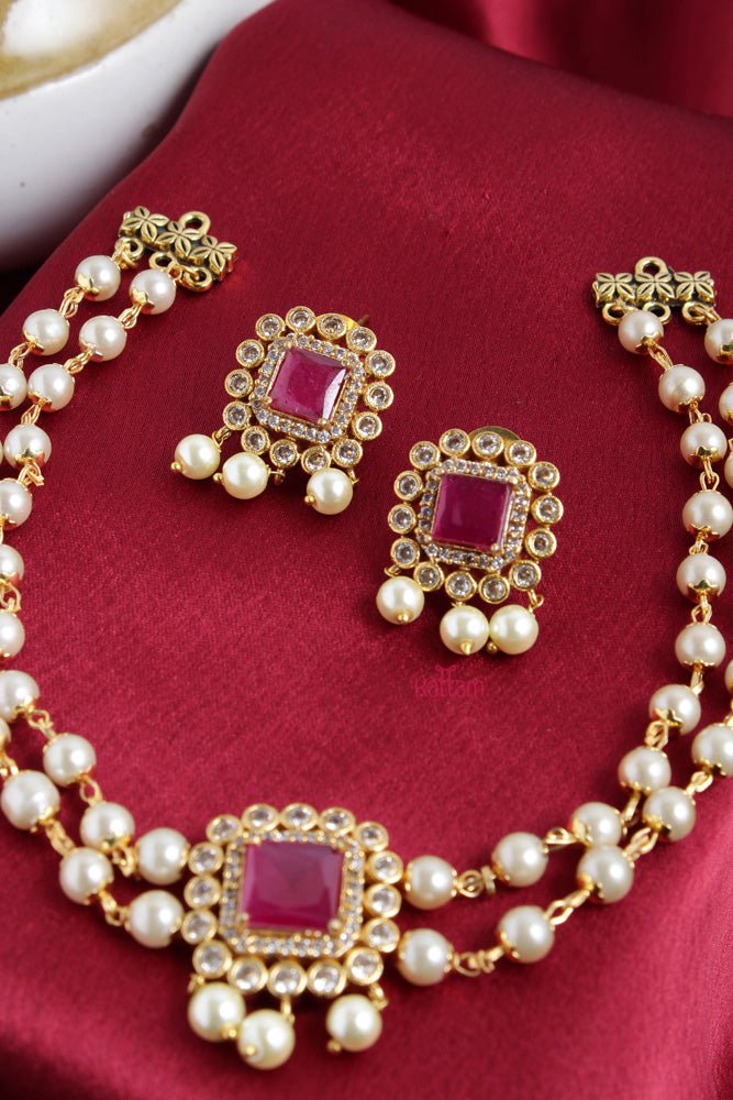 Ruby Square Pearl Choker - N2433