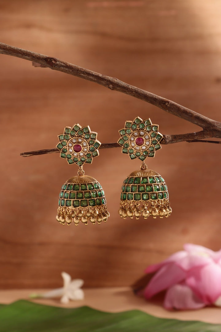Rukmini - Green Flower Kemp Jhumka - E1474