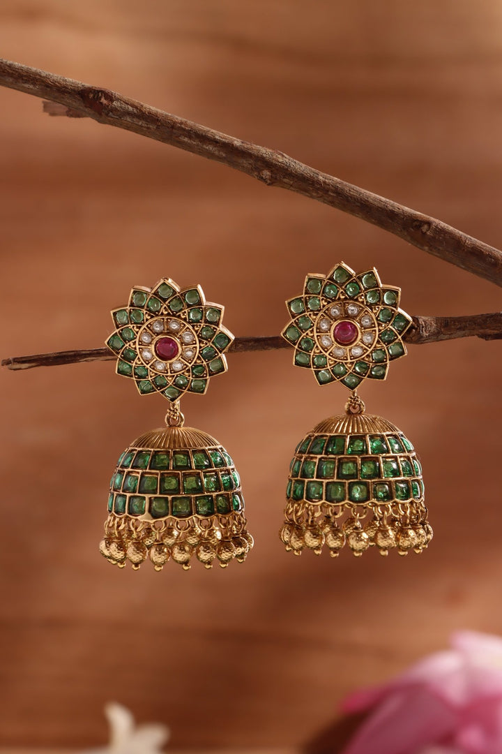 Rukmini - Green Flower Kemp Jhumka - E1474