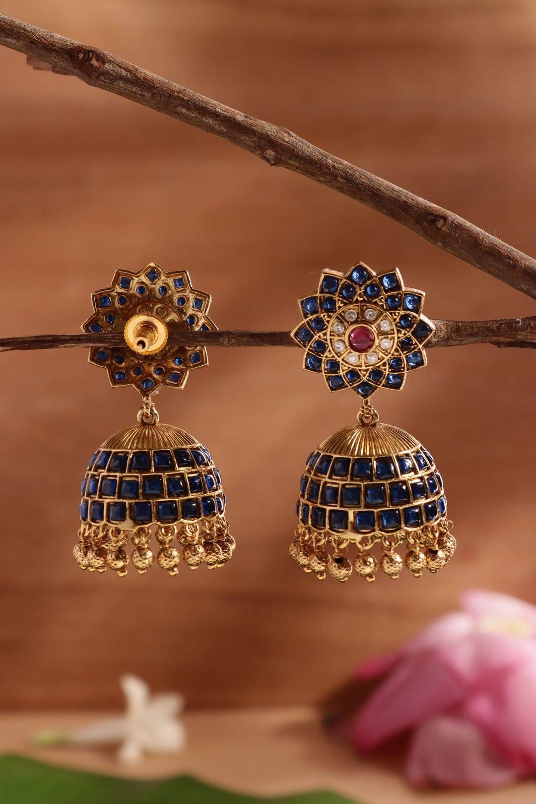 Rukmini - NavyBlue Flower Kemp Jhumka - E1475