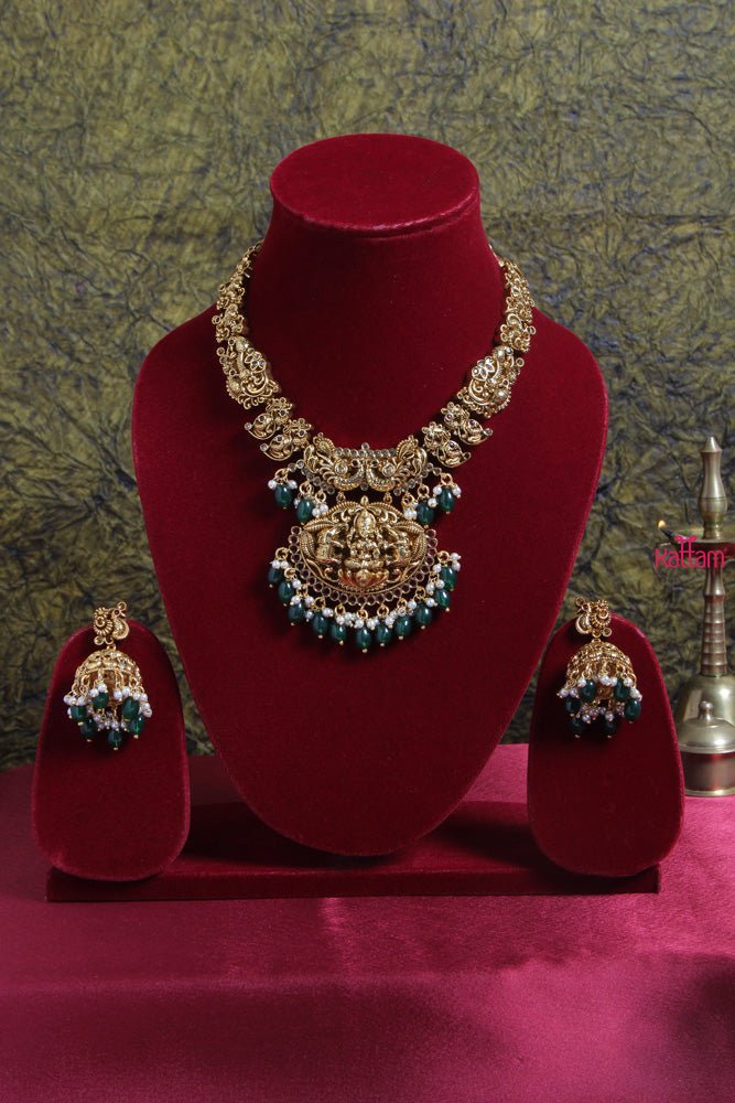 Semi Bridal Green Bead Gajalakshmi Short Necklace - N1697