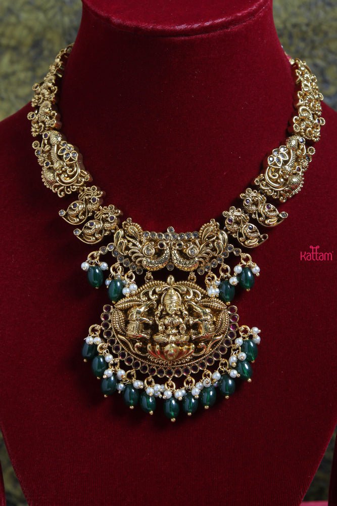 Semi Bridal Green Bead Gajalakshmi Short Necklace - N1697