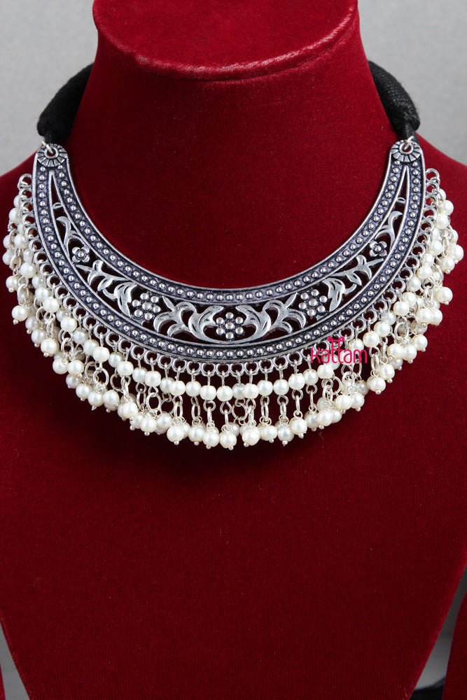 Silver Looalike Pearl Trim Choker ( No Earring) - N1936