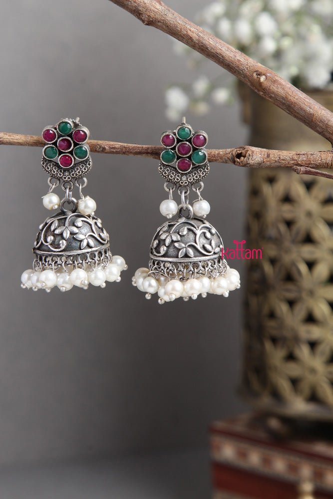 Silver Lookalike Ruby Green Poo Jhumka - E445