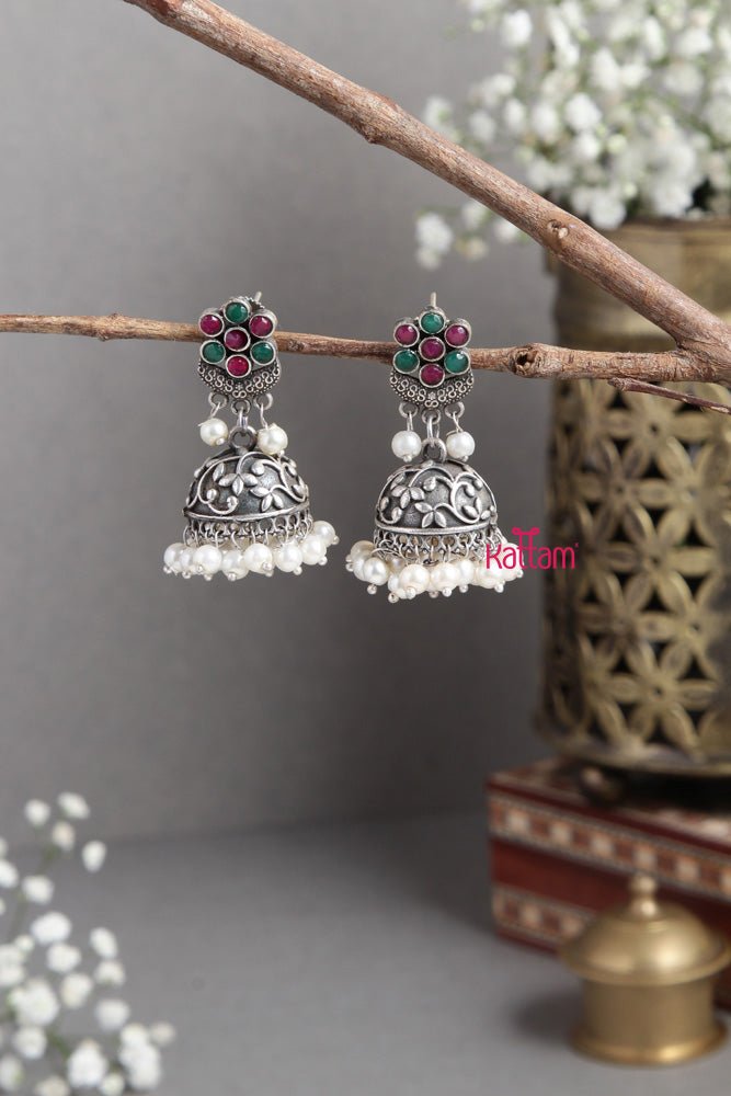 Silver Lookalike Ruby Green Poo Jhumka - E445